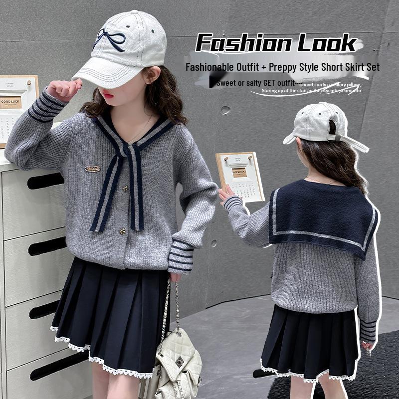 Girls' Korean Style Spring Chic Cardigan & Skirt Set 2025