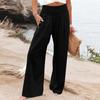 Summer Cotton Linen Wide Leg Pants Women Loose Palazzo Pant Pocket Elastic Waist Button Casual Pants