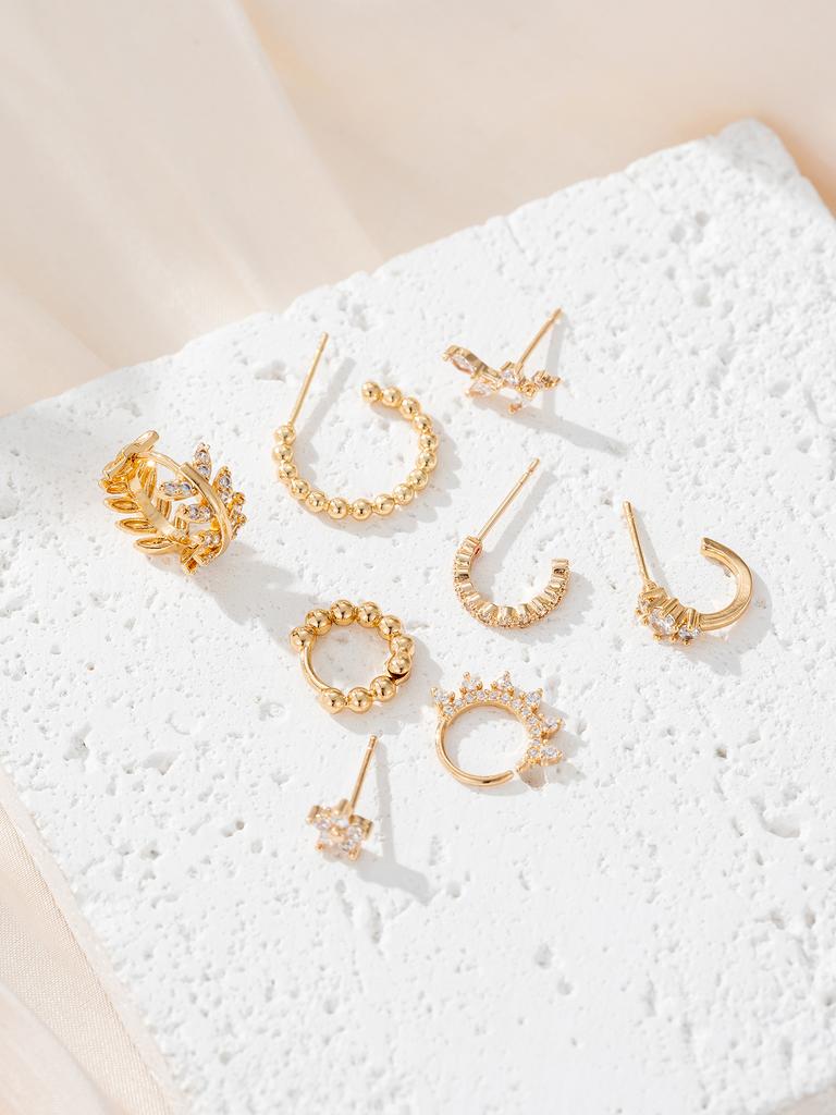 8pcs/set Exquisite Cubic Zirconia Leaf Geometric Ear Clip Stud Earring For Women's Wedding Party Accessories, High-End Jewelry