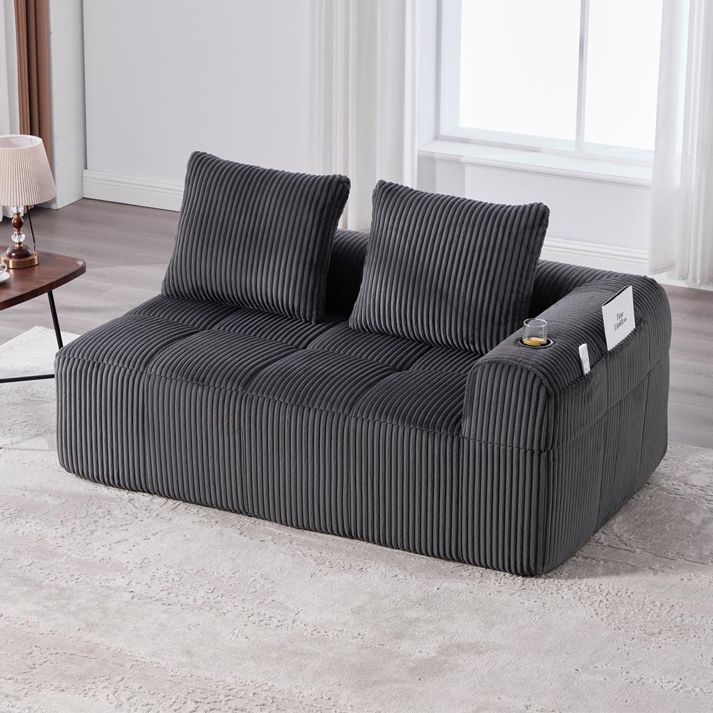 Cozy Corduroy Two-Seater Sofa – No Assembly, Soft Back Cushions, Side Storage Pocket for Remote Control and Phone, Cup Holder – Neat and Aesthetic.