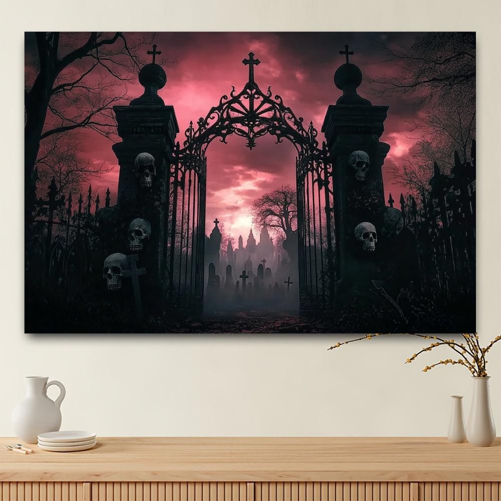 1pc Weird Gothic Arches Party Banner - Ghost Cemetery Scene with Skeleton and Gothic Gate