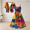 Women Plus Size Two Piece Dress Set V Neck Short Sleeve Tie Front Shrug Strappy Flared Black Gold Printed Dress