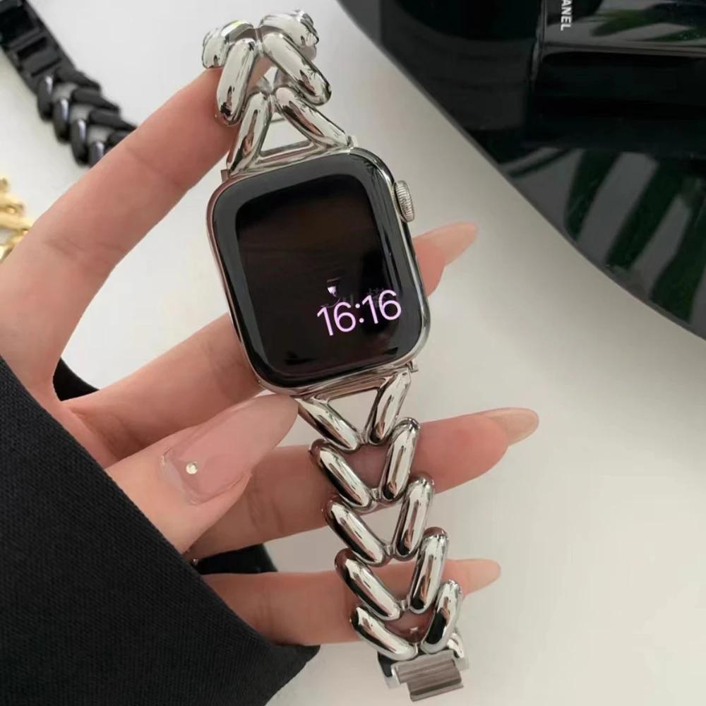 Роскошный браслет из цельной нержавеющей стали для Apple Watch Ultra 49 42 40 мм 46 44 41 45 мм Ремешок для iWatch 10 9 8 7 6 SE 5 Женский ремешок