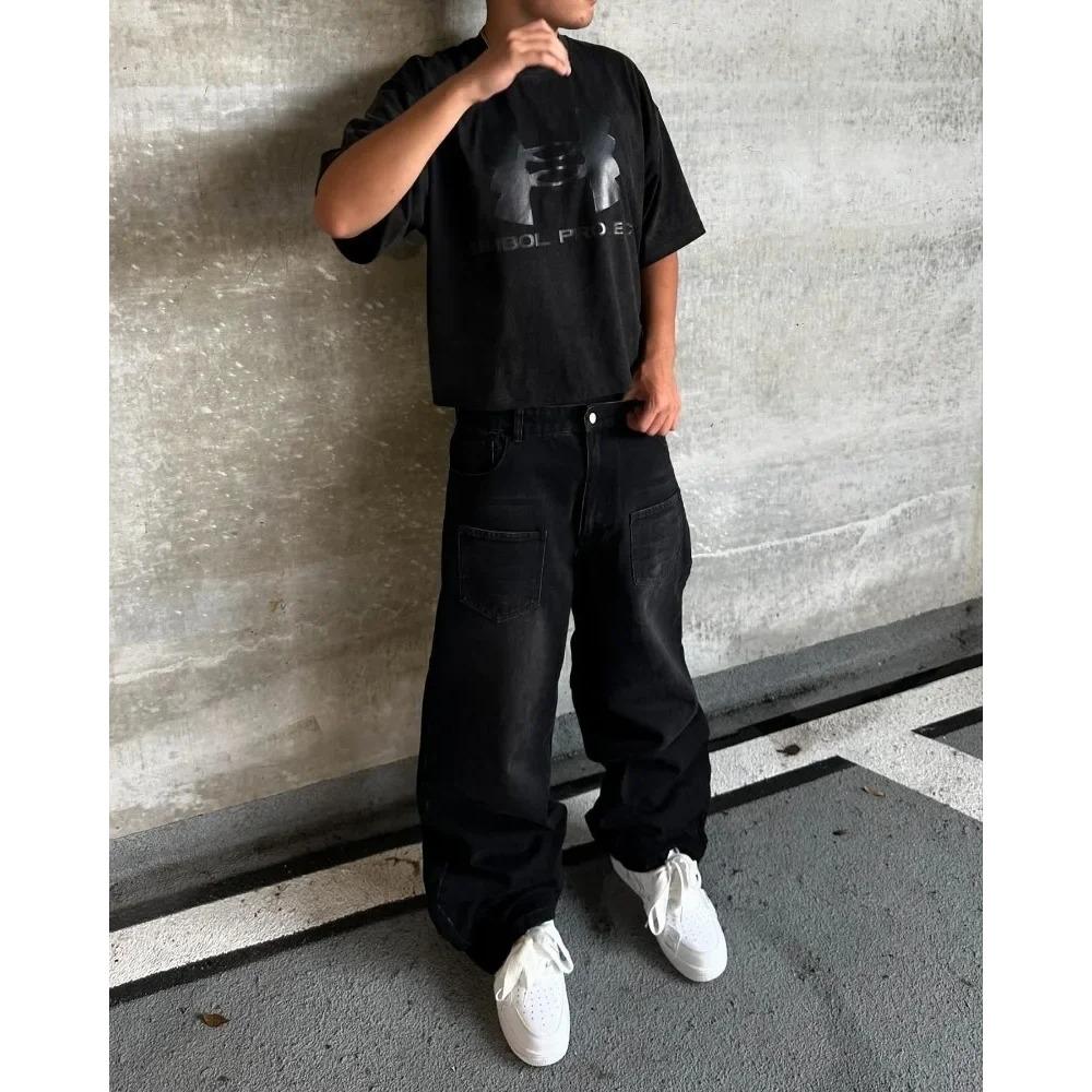 Джинсы ZYLLO Y2K Харадзюку Ретро Артистичный узор вышивки сакуры Деним Брюки Хай-стрит Свободные Прямые брюки