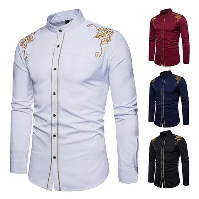 Новая мужская простая рубашка с вышивкой и лацканами, мужская облегающая рубашка с длинными рукавами в стиле ретро