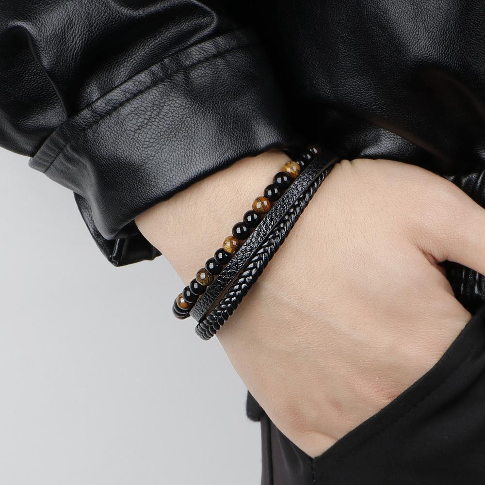 Fahion lava Stone Bead Braided Mens Stainless Steel Magnetic Clasp Leather Bracelet