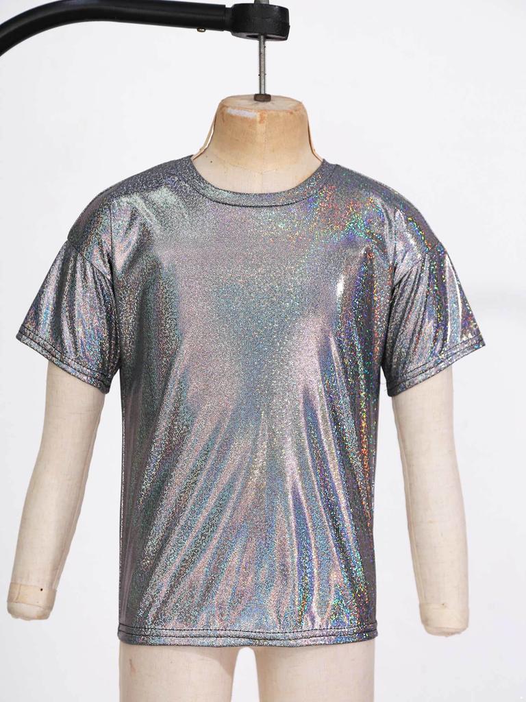 Детская унисекс одежда для девочек и мальчиков, повседневная танцевальная одежда с коротким рукавом, металлизированная блестящая блузка, топ