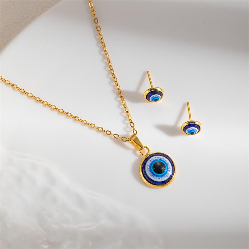 Classic Stainless Steel Jewelry Set for Women Micro Zircon Turkish Lucky Evil Eyes Sun Necklace Earring Party Beach Gifts