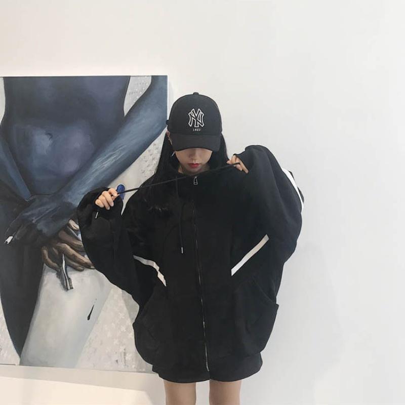 Осень-зима Женская свободная флисовая толстовка на молнии с длинным рукавом «летучая мышь» и воротником-стойкой Куртка с капюшоном для девочек в стиле Харадзюку