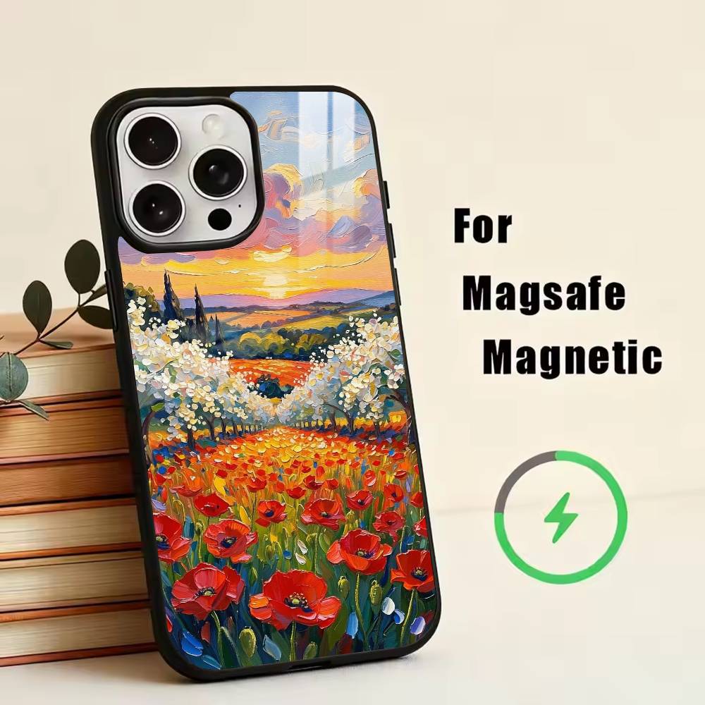 Чехол для телефона с картиной Ван Гога и Моне для iPhone 17, 16, 15, 14, 13, 12, 11 Plus, Pro, Магнитный, Для Magsafe Беспроводной Зарядки