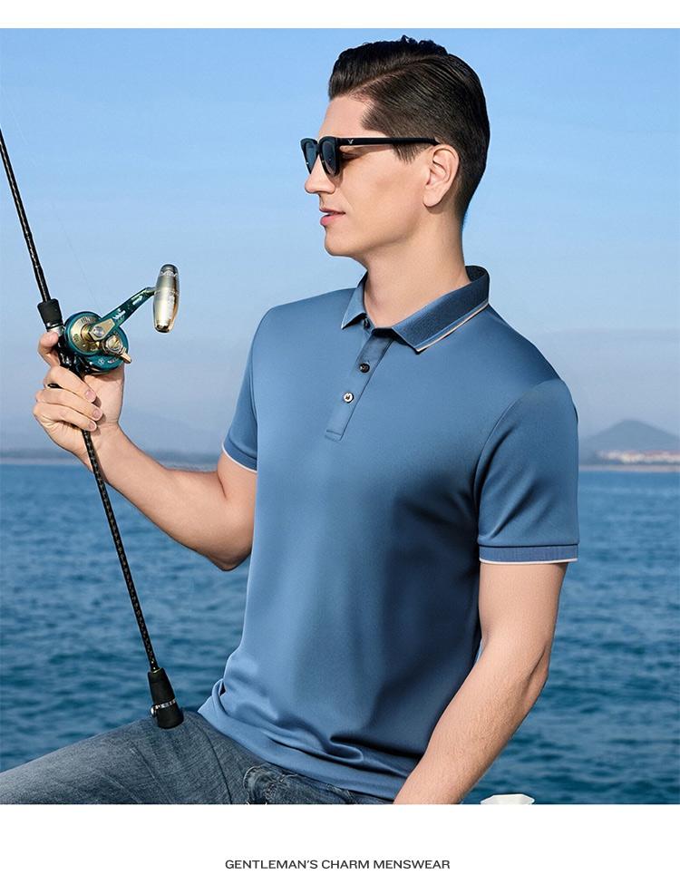 Jovo summer cool pearl collar high-end easy to maintain short sleeved polo shirt with mulberry silk and linen