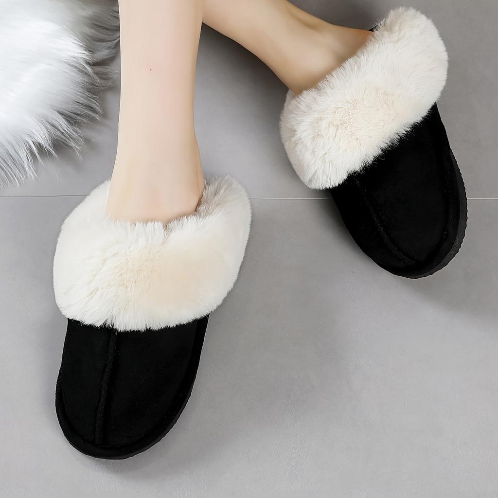 Solid Color Home Warm Slippers, Soft Sole Platform Plush Lined Backless Shoes, Round Toe Indoor Fluffy Shoes