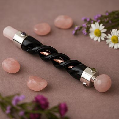 Палочка из розового кварца, исцеляющая, медная трубка, спиральная резьба