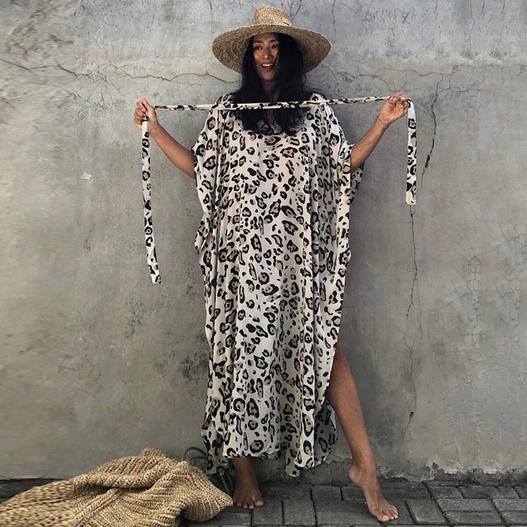 2021 European & American Leopard Print Rayon Beach Cover-up Robe with Belt