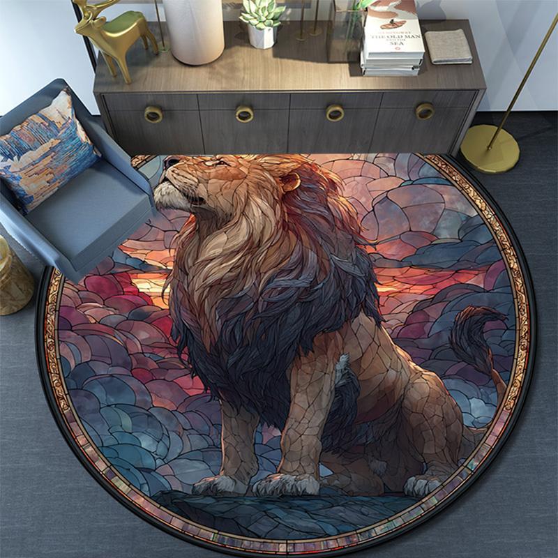 Lion Artwork Round Area Rug,Carpet Rug for Living Room Bedroom Sofa Playroom Decor,Non-slip Floor Mat