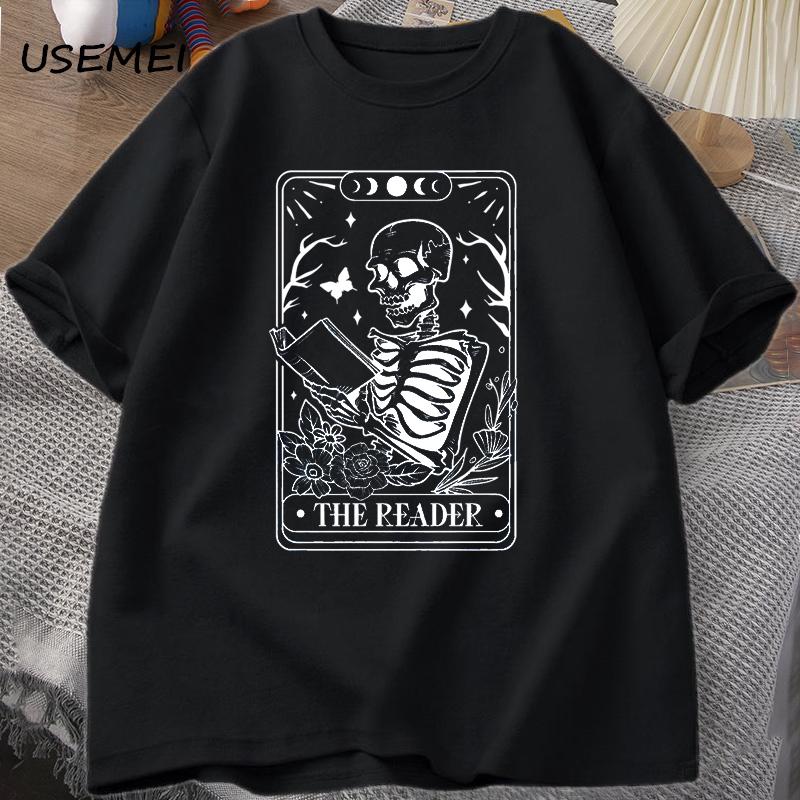 The Reader Tarot Card TShirt Skeleton Reading T Shirt Summer Cotton Book Lover Bookish Tshirt Unisex Women Unisex Oversized Tees