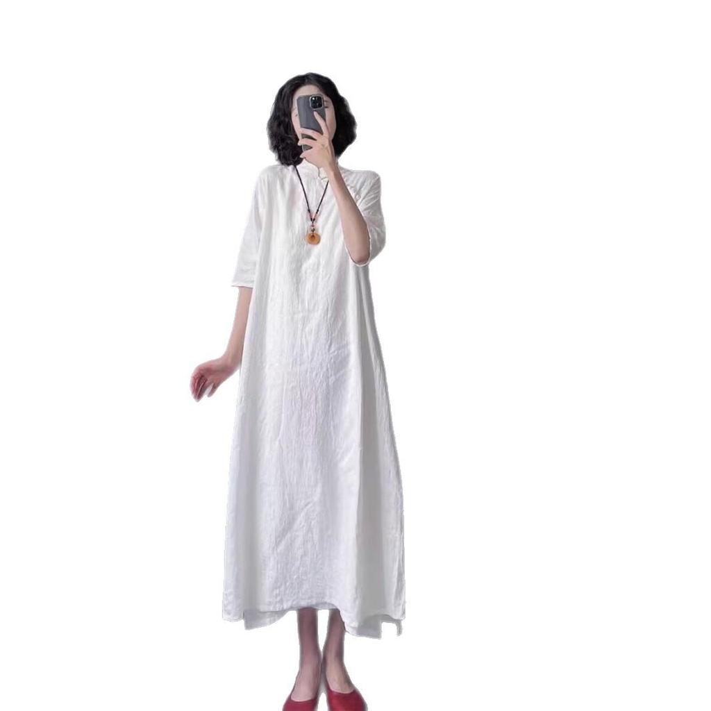 Ретро простой и элегантный ручной работы пряжка диагональная планка воротник-стойка улучшенный ципао женский летний новый короткий рукав жаккардовый хлопок и лен