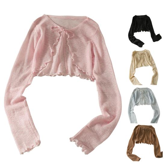 Солнцезащитный трикотажный кардиган для женщин с завязками спереди, длинными рукавами, прозрачной сеткой, пляжной накидкой с оборками и тонкими рубашками с защитой от ультрафиолета