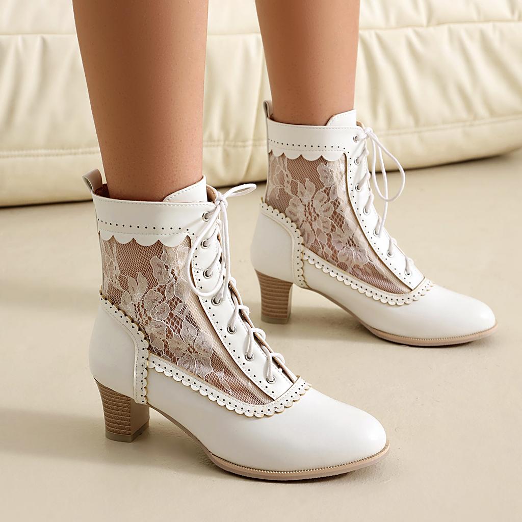 Women Mesh Boots Female Summer 2025 Leather Chunky Med Heels Shoes Size 48 Laciness Bandage Decor