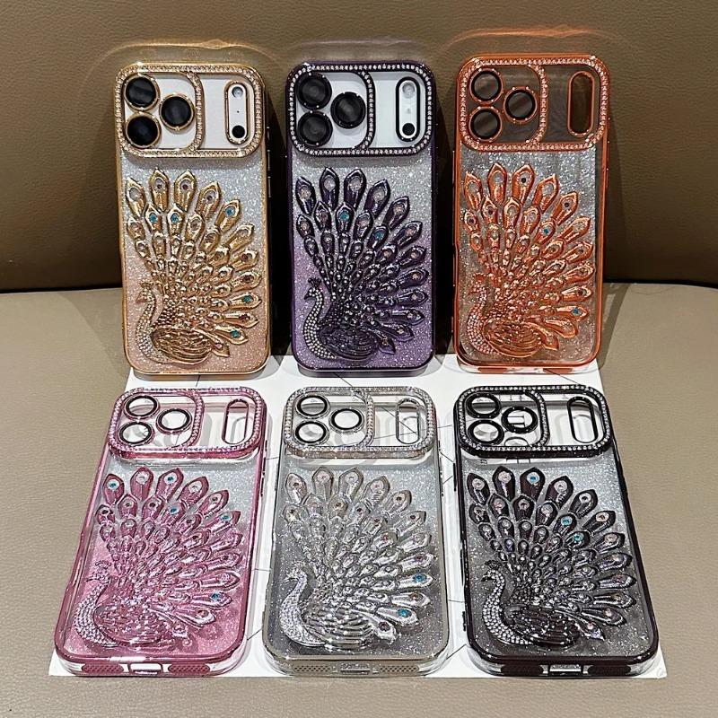 Peacock Plated Frame Glitter Stickers Rhinestone Lens Ring Case for iPhone 17 Pro Max Air 17 Pro 16 Pro 15 14 13 Protect Cover