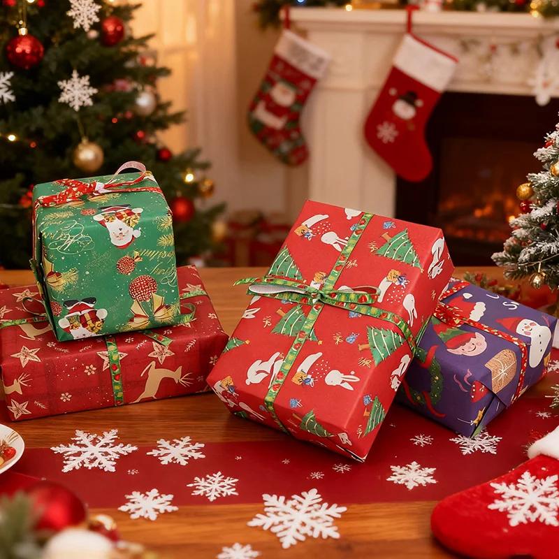 10M/roll Kraft Christmas Wrapping Paper Cartoon Santa Claus Elk Gift Box Packaging Material New Year Xmas Party Diy Decoration