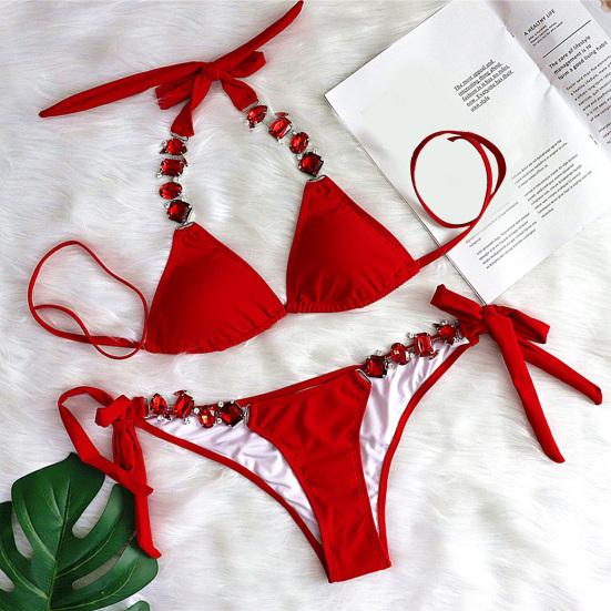 2 шт./компл., бикини со стразами, металлическая цепочка, чистый цвет, сексуальные регулируемые купальники для плавания