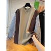 Women's Spring and Fall Striped Loose Design Splicing Sweatshirt Temperament Round Neck Lazy Wind Tops