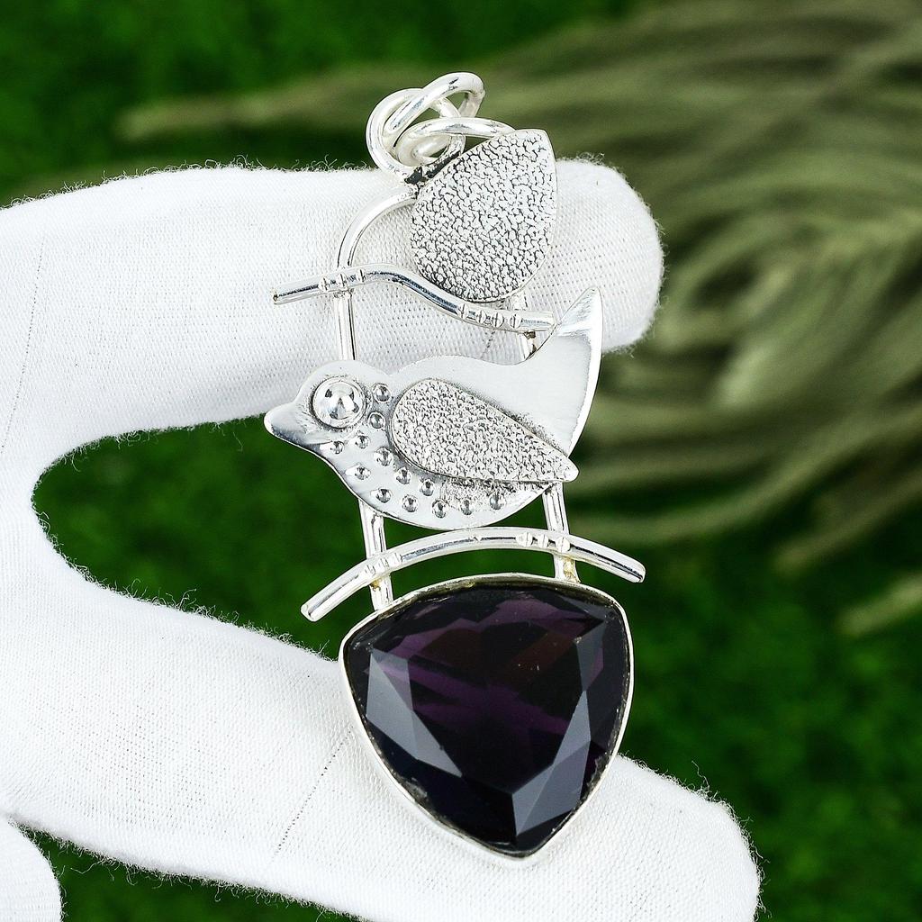 925 Silver Trillion Amethyst Gemstone Ethnic February Birth New Pendant Jewelry