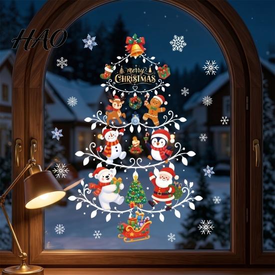 Santa Claus Window Decor Reusable Christmas Clings, Double Sided PVC Static Glass Stickers, Snowman Snowflake Elk Removable Holiday Film Xmas