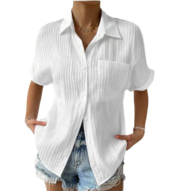 Women's Short Sleeve Shirt Button Front Turn Down Collar Loose Fit Casual Blouse