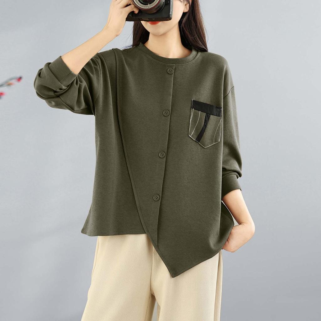 DIMANAF 2025 Осень Футболка больших размеров женская с длинным рукавом с круглым вырезом свободная однотонная топы футболки хлопок