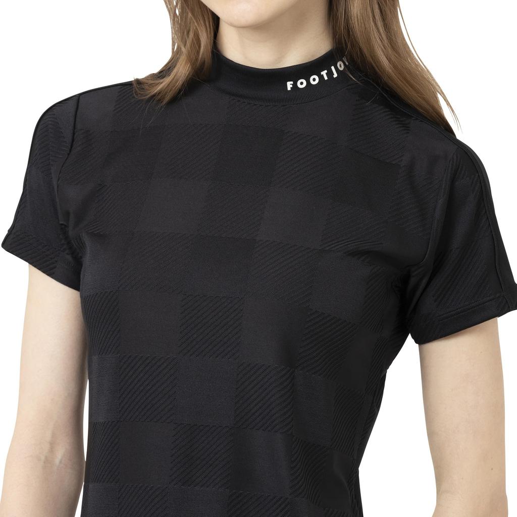 FootJoy Women's Check Jacquard Short Sleeve Mock Neck Golf Shirt, Black, Size XL (FJW-S25-S03, 34810-XL)