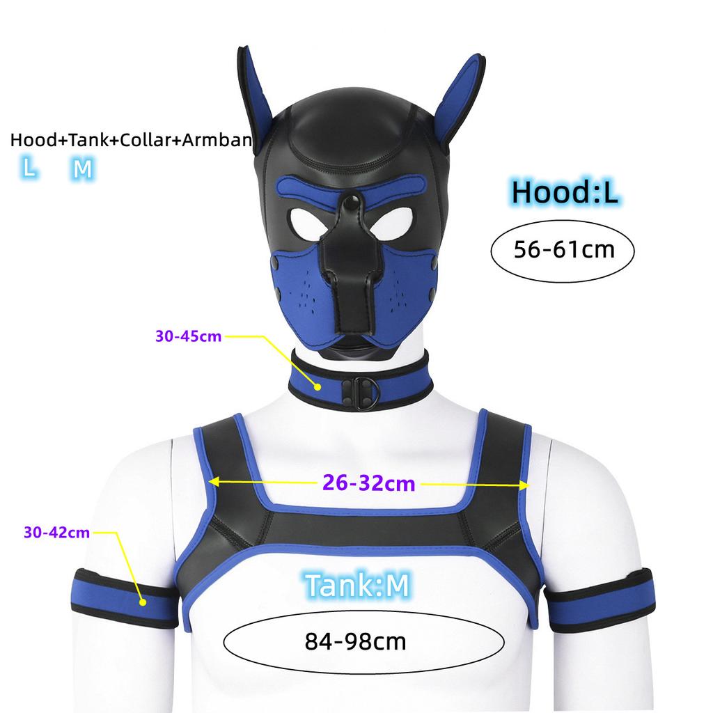XL большой размер щенок косплей неопреновый фетиш капюшон маска комплект с нагрудным ремнем воротник повязка секс-костюмы для БДСМ роль раба