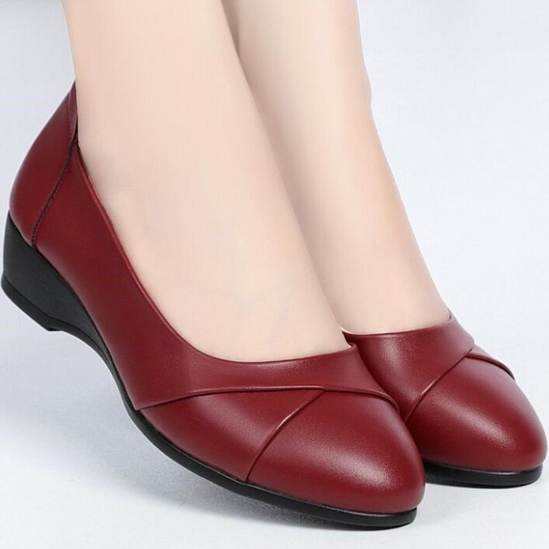 Women Cute Round Toe High Quality Patent Leather Spring Slip On Wedge Heel Shoes Lady Classic Student School Wine Red Shoes Ga07
