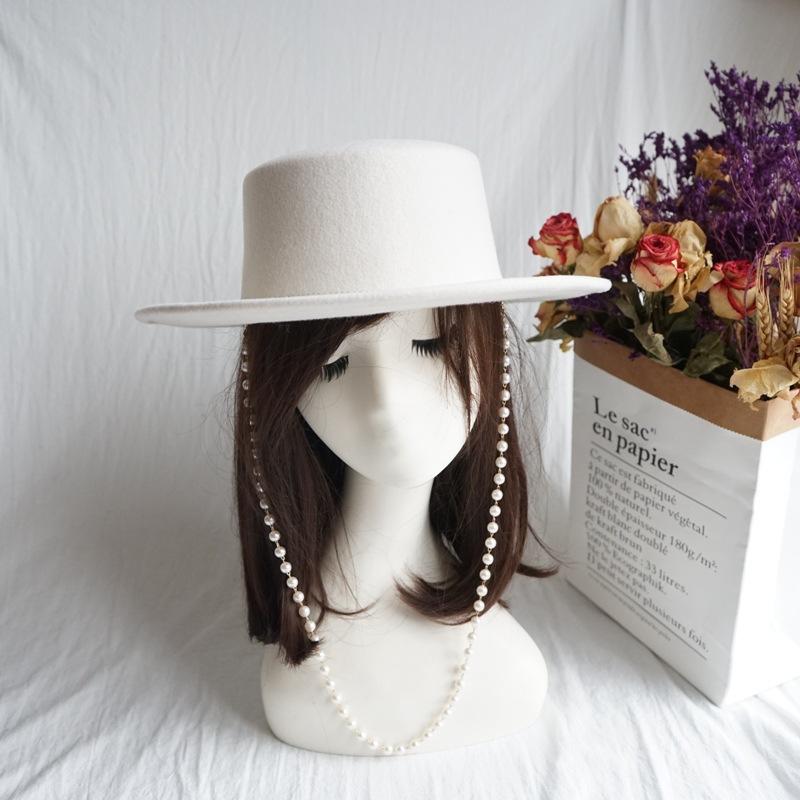 Корейская Белая Шерстяная Плоская Вершина Цилиндр Женская Осенне-Зимняя Широкополая Французский Ретро Внешняя Торговля Легкая Шляпа из Войлока Британская Шляпа