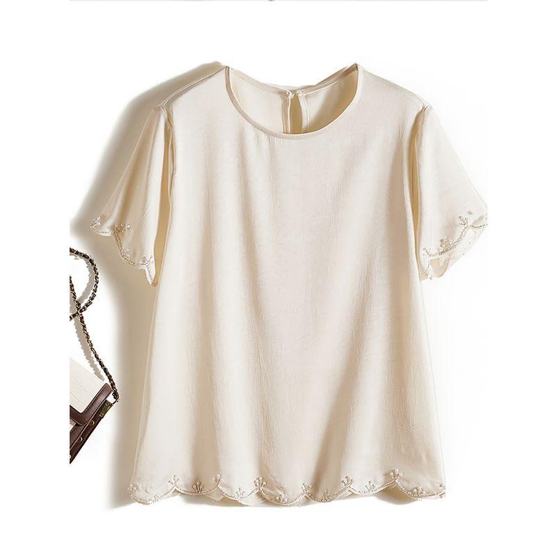 The Boutique Export Order Is Missing! Elegance Women's Beaded Gear Edge Round Neck Short Sleeve Satin Acetate Tencel T-shirt Summer