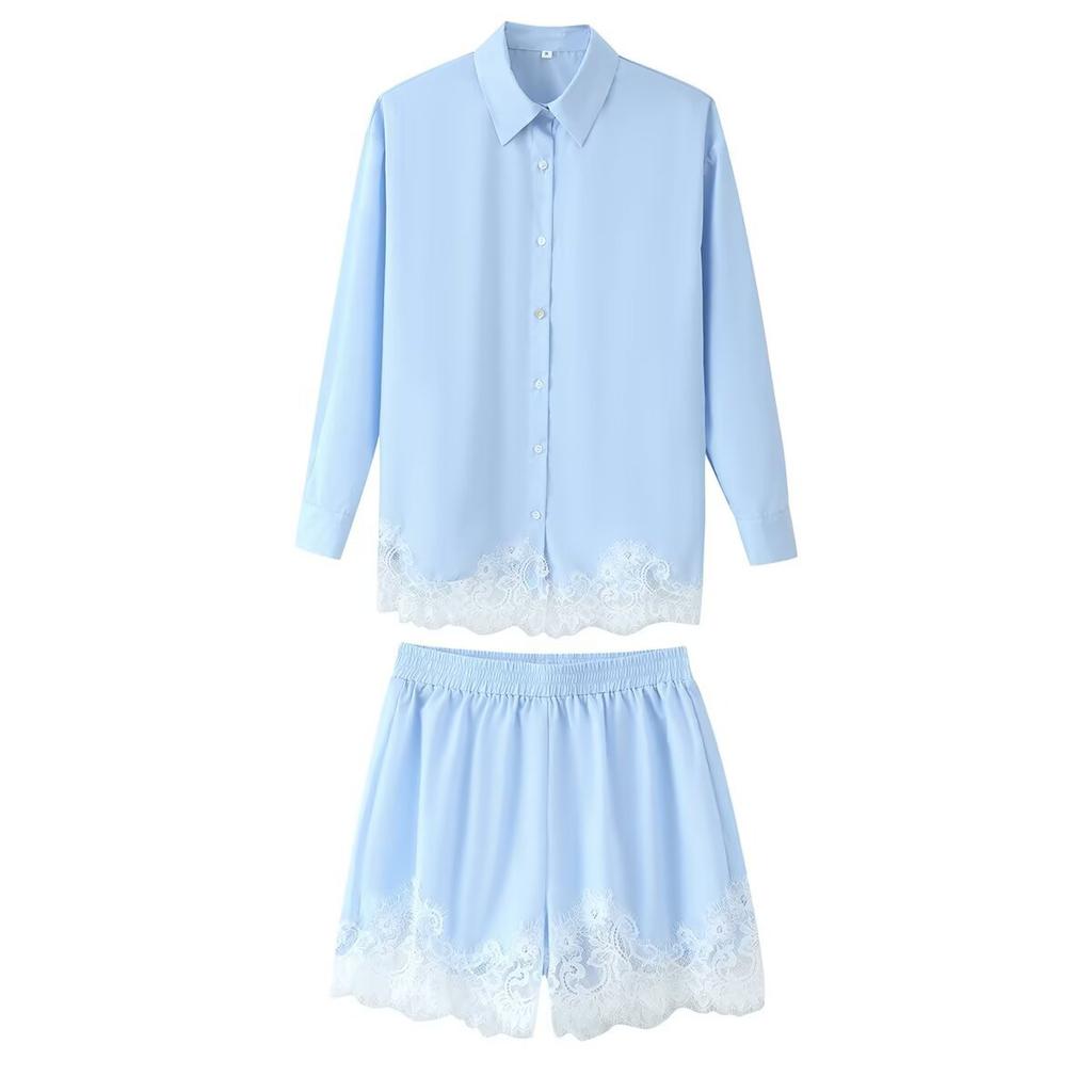 European and American style French women's clothing fashion versatile temperament casual lace shirt shorts set