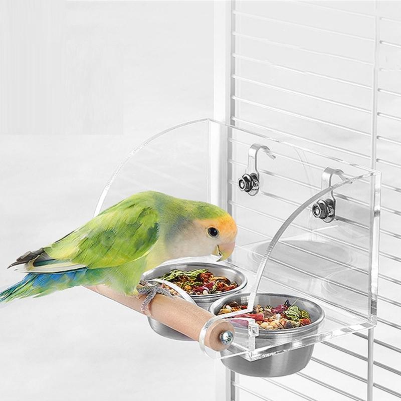 Parrots Food Bowl Acrylic and Sainlessed Steel Parakeet Food Container Anti Spill Design for Home and Bird Enthusiasts
