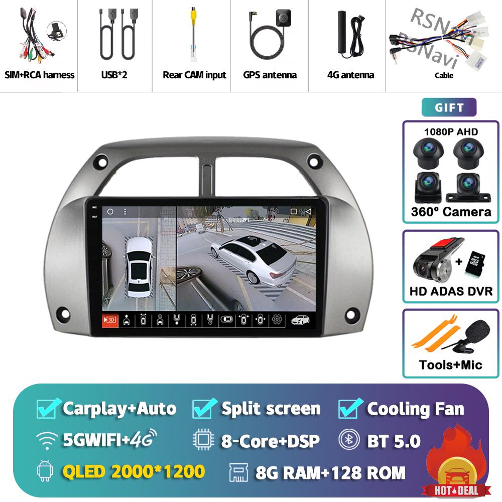Android 14 Carplay Auto For Toyota RAV4 2001 - 2006 Stereo Car Radio Wifi+4G GPS Navigation Multimedia Player 2Din 360 Camera BT