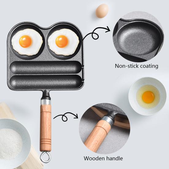 Сковорода на 4 чашки, чугунная сковорода для омлета, антипригарное покрытие, термостойкая деревянная ручка