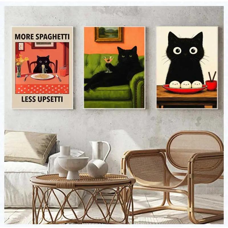 Cat with Cocktail Smoking Poster Canvas Painting Print Wall Art for Living Room Home Decor More Spaghetti, Less Upsetti Black