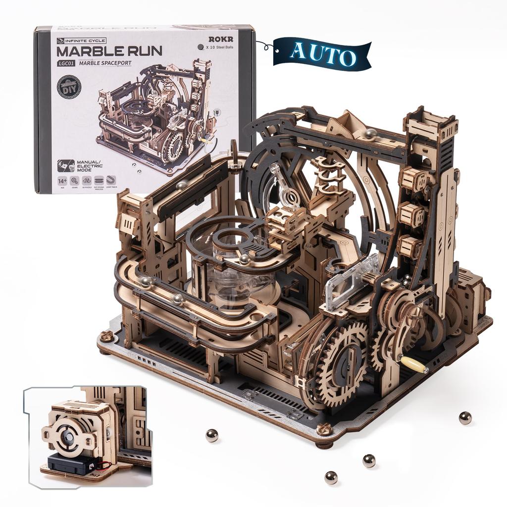 ROKR 3D Puzzle Electric Marble Run Spaceport Movable Model Multi-Play Mechanical Wooden 3D Wooden Puzzle Craft Kit DIY Craft Assembling Kill Time