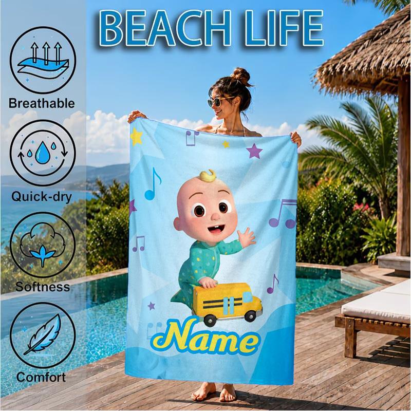 Custom Name Coco-melon Happy Journey Beach Towel Microfiber Beach Towel, Lightweight and Quick-Dry, for Summer Travel, Swimming Pool Gift