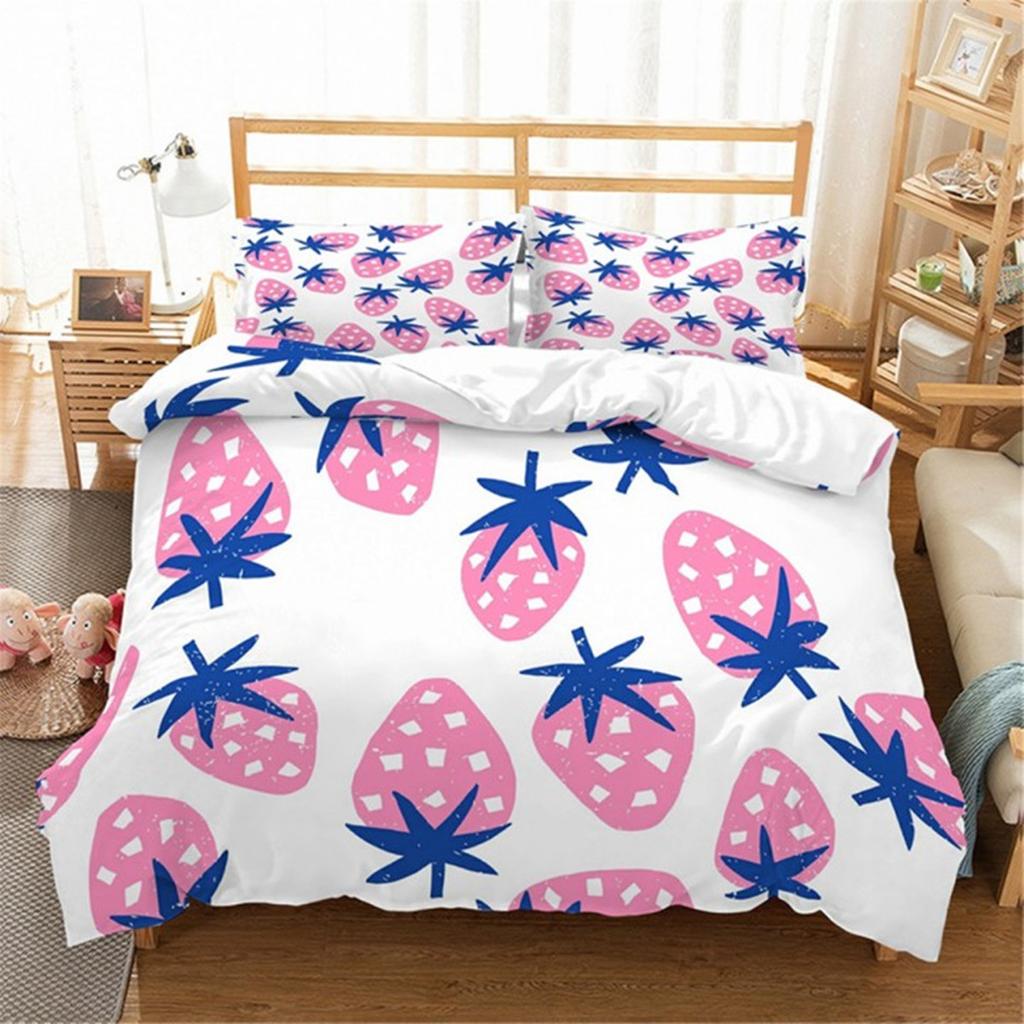Red Strawberry Pink Lovely Summer Fruit Tree Leaf Duvet Cover for Children Girls Gifts Room Decorations Polyester Duvet Cover