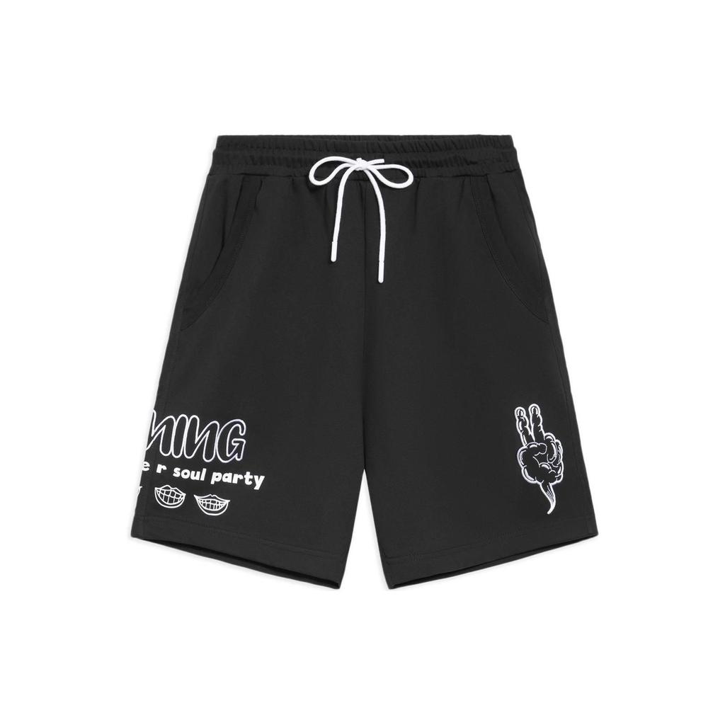 Li-Ning Спортивные тенденции серии с буквенным принтом и жестами, свободные повседневные шорты, мужские брюки, черные AKSS297-1