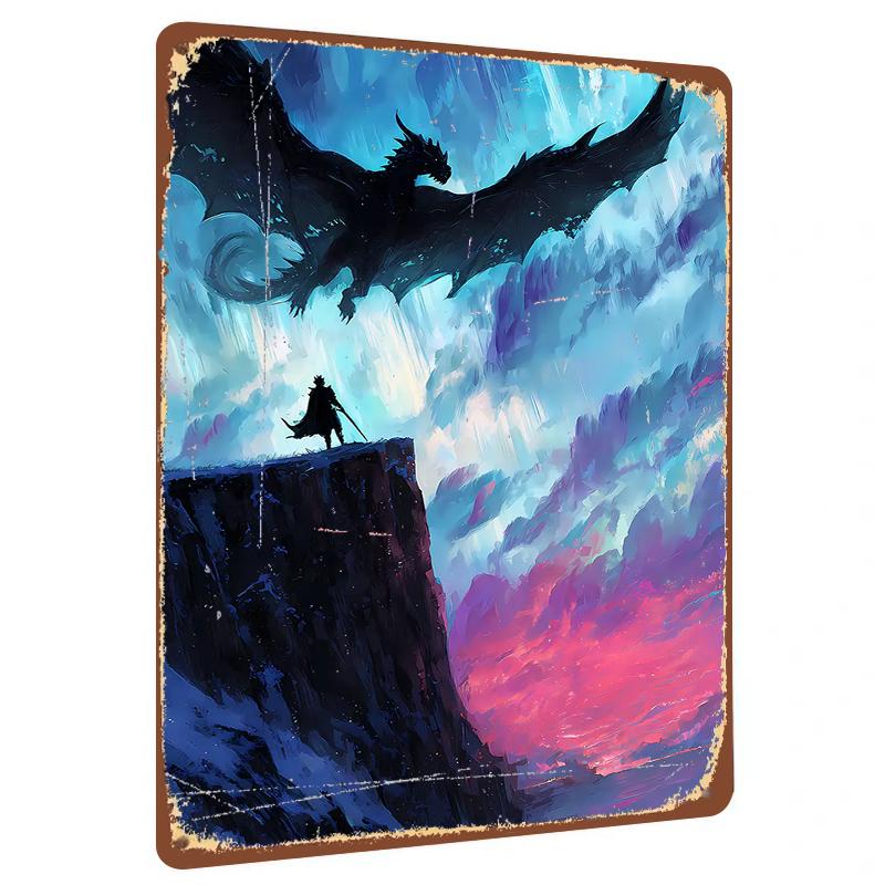 Fantasy Black Dragon and Warrior Confrontation Scene Metal Iron Painting Home Wall Decor Hanging Art