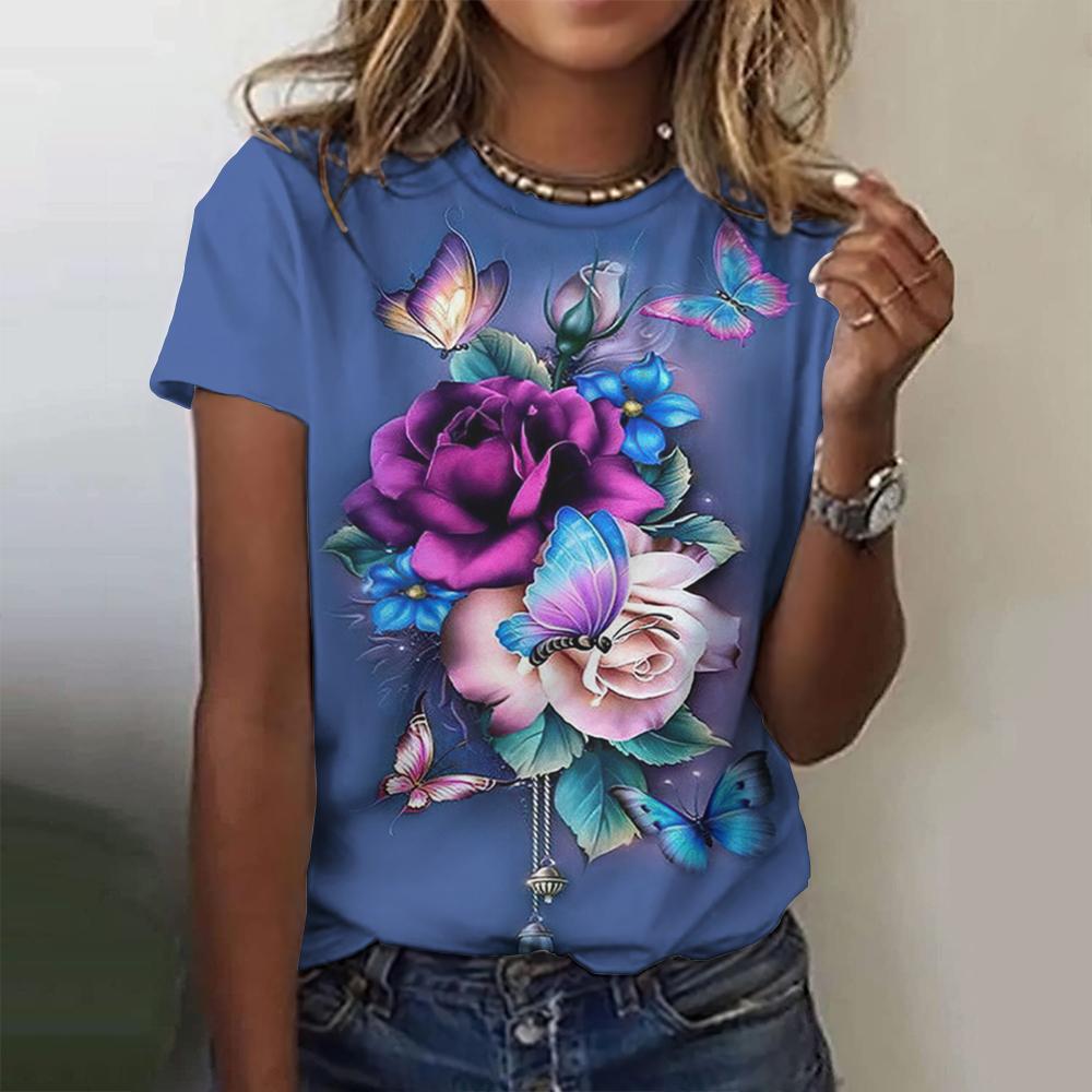 Летний топ с круглым вырезом и 3D-цветочным принтом, модные повседневные женские футболки с короткими рукавами