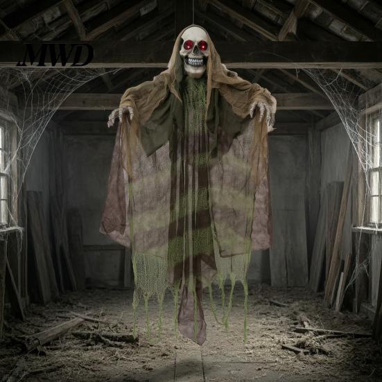 Halloween Hanging Ghost Decorations Animatronics Decoration, Sound Activated Grim Reaper Prop with LED Secret Room Props Glowing Eyes And Creepy