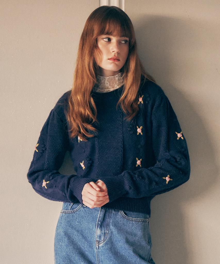 ROLAROLA Hand Flower Embroidery Knit Navy