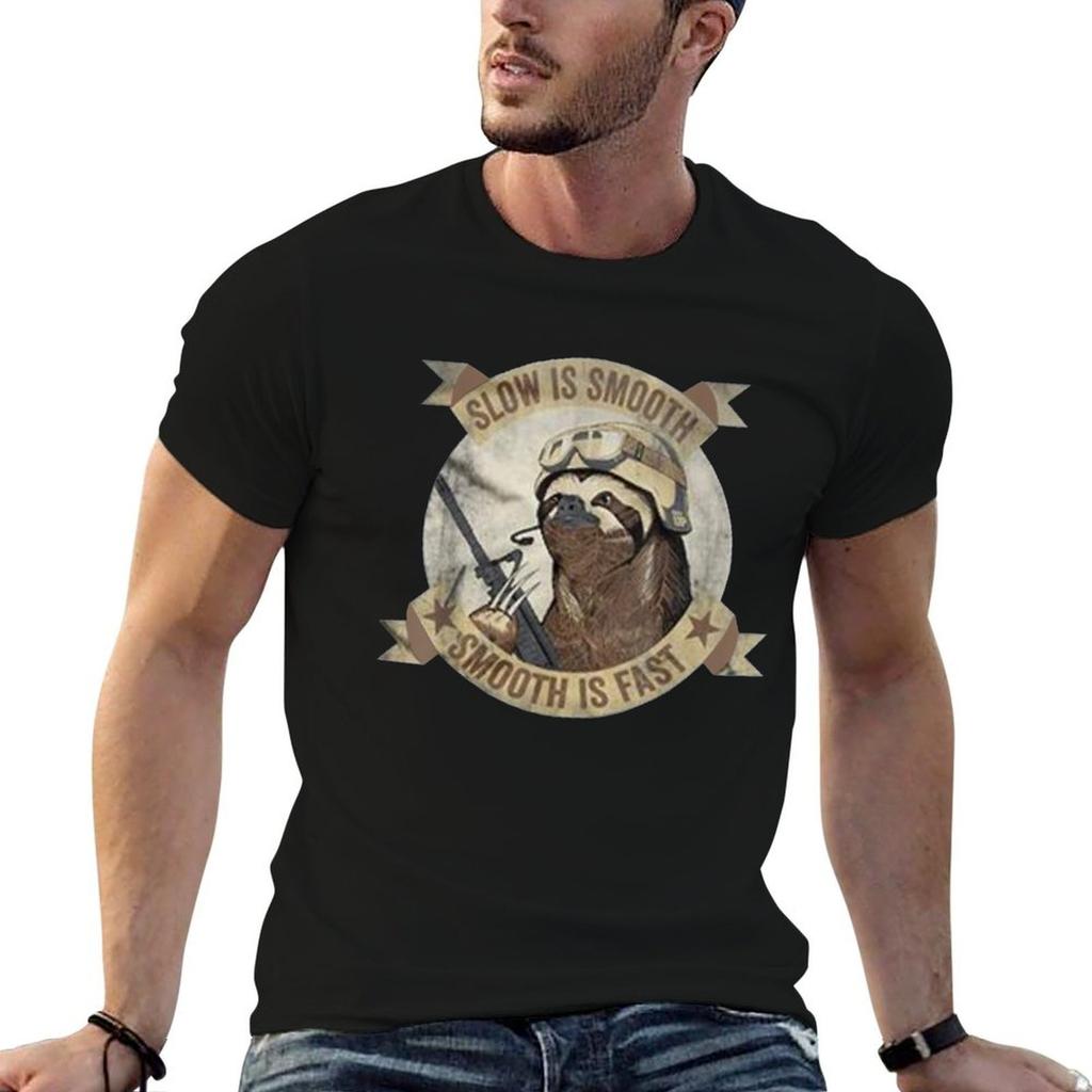 Slow Is Smooth Smooth Is Fast Sloth Guns T-Shirt Running Gym Short Sleeve Sports Tee